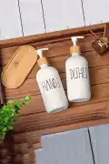 2’li Hands Dishes Soft Beyaz Dekoratif Mutfak Banyo Sıvı Cam Sabunluk Seti 500ml Bambu Stantlı Set - Görsel 2