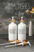 2’li Hands Dishes Soft Beyaz Dekoratif Mutfak Banyo Sıvı Cam Sabunluk Seti 500ml Bambu Stantlı Set - Görsel 3