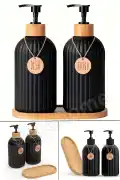 2’li Siyah Retro Dekoratif Mutfak Banyo Sıvı Cam Sabunluk Seti 500ml Bambu Stantlı Sabunluk Seti - Görsel 4