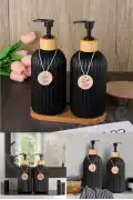 2’li Siyah Retro Dekoratif Mutfak Banyo Sıvı Cam Sabunluk Seti 500ml Bambu Stantlı Sabunluk Seti - Görsel 5