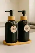 2’li Siyah Retro Dekoratif Mutfak Banyo Sıvı Cam Sabunluk Seti 500ml Bambu Stantlı Sabunluk Seti - Görsel 1