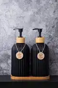 2’li Siyah Retro Dekoratif Mutfak Banyo Sıvı Cam Sabunluk Seti 500ml Bambu Stantlı Sabunluk Seti - Görsel 2