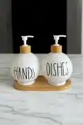 2’li Hands Dishes Soft Beyaz Dekoratif Mutfak Banyo Sıvı Cam Sabunluk Seti 550ml Bambu Stantlı Set - Görsel 2