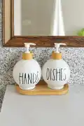 2’li Hands Dishes Soft Beyaz Dekoratif Mutfak Banyo Sıvı Cam Sabunluk Seti 550ml Bambu Stantlı Set - Görsel 4