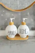2’li Hands Dishes Soft Beyaz Dekoratif Mutfak Banyo Sıvı Cam Sabunluk Seti 550ml Bambu Stantlı Set - Görsel 1