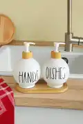 2’li Hands Dishes Soft Beyaz Dekoratif Mutfak Banyo Sıvı Cam Sabunluk Seti 550ml Bambu Stantlı Set - Görsel 3