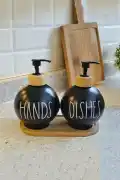 2’li Hands Dishes Soft Siyah Dekoratif Mutfak Banyo Sıvı Cam Sabunluk Seti 550ml Bambu Stantlı Set - Görsel 1