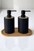 2li Retro Still Sıvı Sabunluk Seti 500ml Mutfak Siyah Hands Dishes Kare Figürlü Bambu Stantlı Set - Görsel 2