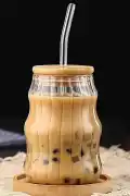 Sukabağı Latte Bardak Bambu Kapaklı İskandinav Cam Bardak Kahve Kokteyl Sunum Bardağı 400ml - Görsel 2