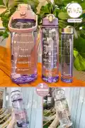 3lü Şeffaf Motivasyon Kokusuz Stickerlı Spor Suluk Matara Pipetli Taşınabilir Su Şişesi Soft Purple - Görsel 2
