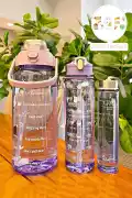 3lü Şeffaf Motivasyon Kokusuz Stickerlı Spor Suluk Matara Pipetli Taşınabilir Su Şişesi Soft Purple - Görsel 4