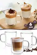 6'lı Çift Cidarlı Bardak 220 ml Retro Çay Fincanı Kahve Sunum Bardağı Dayanıklı Cam Kupa Bardak - Görsel 1