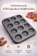 12li Cupcake Muffin Kalıbı Gül Kabartmalı Yanmaz Yapışmaz Fırın Kek Kapsül Paslanmaz Çelik Siyah - Görsel 1