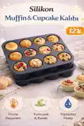12'li Silikon Muffin Kalıbı Kurabiye Tatlı Kalıbı Yapışmaz Gıdaya Uygun Pişirme Cupcake Kek Kapsülü - Görsel 1