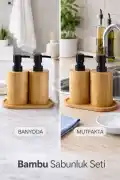 2li Bambu Sabunluk Seti Hands Dishes Mutfak Banyo Sıvı Sabunluk 500ml Doğal Bambu Stantlı Retro Set - Görsel 3