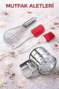 4'lü Un Eleği Basmalı Şeker Pudra Elek Çelik Yumurta Çırpıcısı Yumurta Fırçası Silikon Spatula Seti - Görsel 1