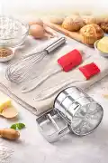 4'lü Un Eleği Basmalı Şeker Pudra Elek Çelik Yumurta Çırpıcısı Yumurta Fırçası Silikon Spatula Seti - Görsel 2