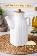 Porselen Yağdanlık Bambu Kapaklı Vakumlu Beyaz Zeytinyağı Ayçiçek Yağlık Sosluk Sirkelik 1000 ml. - Görsel 1