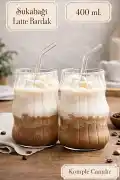 2li Sukabağı Şekli Latte Bardak Seti İskandinav Tarz Cam Bardak Kahve Kokteyl Sunum Bardağı 400ml - Görsel 2