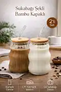 2li Sukabağı Latte Bardak Bambu Kapaklı İskandinav Cam Bardak Kahve Kokteyl Sunum Bardağı 400ml - Görsel 1