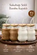 4'lü Bambu Kapaklı Sukabağı Latte İskandinav Cam Pipetli Bardak Kahve Kokteyl Sunum Bardağı 400ml - Görsel 1