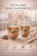 2'li Çift Cidarlı Kurutulmuş Çiçekli Cam Kupa Bardak 250ml Kulplu Kahve Çay Bardağı Flower Cup Seti - Görsel 1