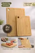 2'li Bambu Kesim Tahtası Büyük Boy + Küçük Boy Peynir Sunum Tepsi Sebze Doğrama Kesme Panosu Seti - Görsel 1