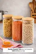 6'lı Bakliyat Saklama Kabı Bambu Kapaklı Cam Kavanoz Vakumlu Baharatlık Mutfak Organizer Seti - Görsel 2