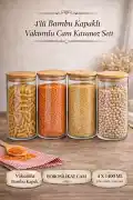 4'lü Bakliyat Saklama Kabı Bambu Kapaklı Cam Kavanoz Vakumlu Baharatlık Mutfak Organizer Seti - Görsel 4