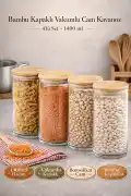 4'lü Bakliyat Saklama Kabı Bambu Kapaklı Cam Kavanoz Vakumlu Baharatlık Mutfak Organizer Seti - Görsel 5