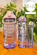3lü Şeffaf Motivasyon Kokusuz Stickerlı Spor Suluk Matara Pipetli Taşınabilir Su Şişesi Soft Purple - Görsel 1