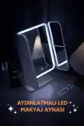 LED Işıklı Makyaj Aynası 3 Katlı Dokunmatik Büyüteçli USB Şarjlı Katlanabilir Masaüstü Makyaj Ayna - Görsel 4