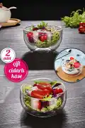 2'li Çift Cidarlı Cam Kase 350 ml Isıya Dayanıklı Borosilikat Cam Kase Salata Tatlı Sunum Kasesi - Görsel 1