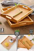 2'li Bambu Çay Tepsisi Kulplu Dikdörtgen Büyük + Orta Boy Kahve Çay Servis Sunum Doğal Bambu Tepsi - Görsel 2