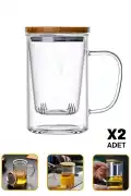 2li Borosilikat Cam Süzgeçli Bambu Kapaklı Kupa Kulplu Demlik Tarz Çift Kat Bitki Çay Bardağı 400ml - Görsel 1