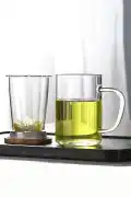 2li Borosilikat Cam Süzgeçli Bambu Kapaklı Kupa Kulplu Demlik Tarz Çift Kat Bitki Çay Bardağı 400ml - Görsel 2