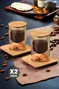 2'li Bambu Sunum Tabaklı Çift Cidarlı Cam Bardak Bambu Kapaklı Still Kahve Sunum Bardak 200 ml. - Görsel 1