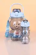 2li Şeffaf Smile Ayıcık Su Matarası 1000+400ml Çocuk Su Şişesi Pipetli Sızdırmaz Kapaklı Suluk Seti - Görsel 2