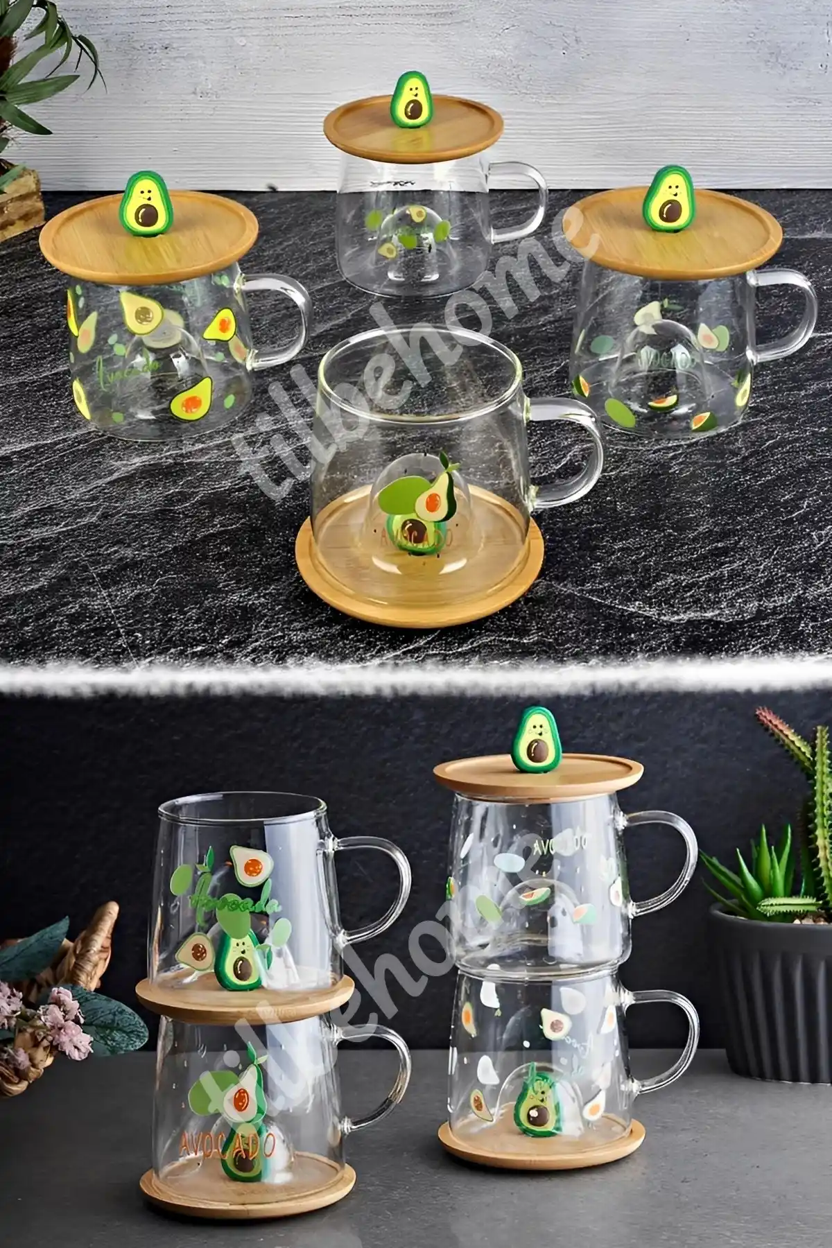 2li Bambu Kapaklı Avakado Meyve Figürlü Cam Bardak Baskılı Meşrubat Kupası Çay Bardağı 280 ml.