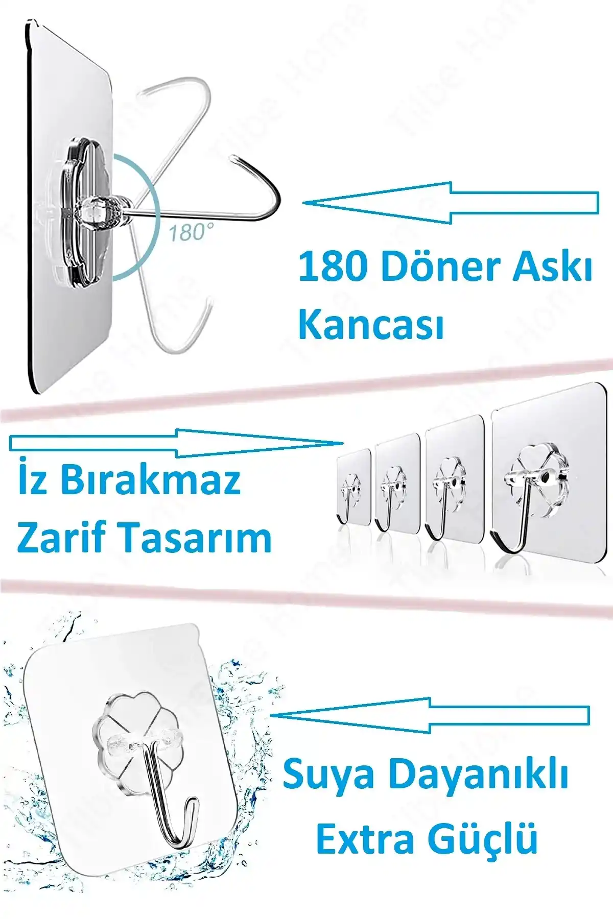 24’lü Güçlü Yapışkanlı Kancalı Duvar Askısı 180° İz Bırakmaz Banyo Mutfak Kapı Arkası Organizer