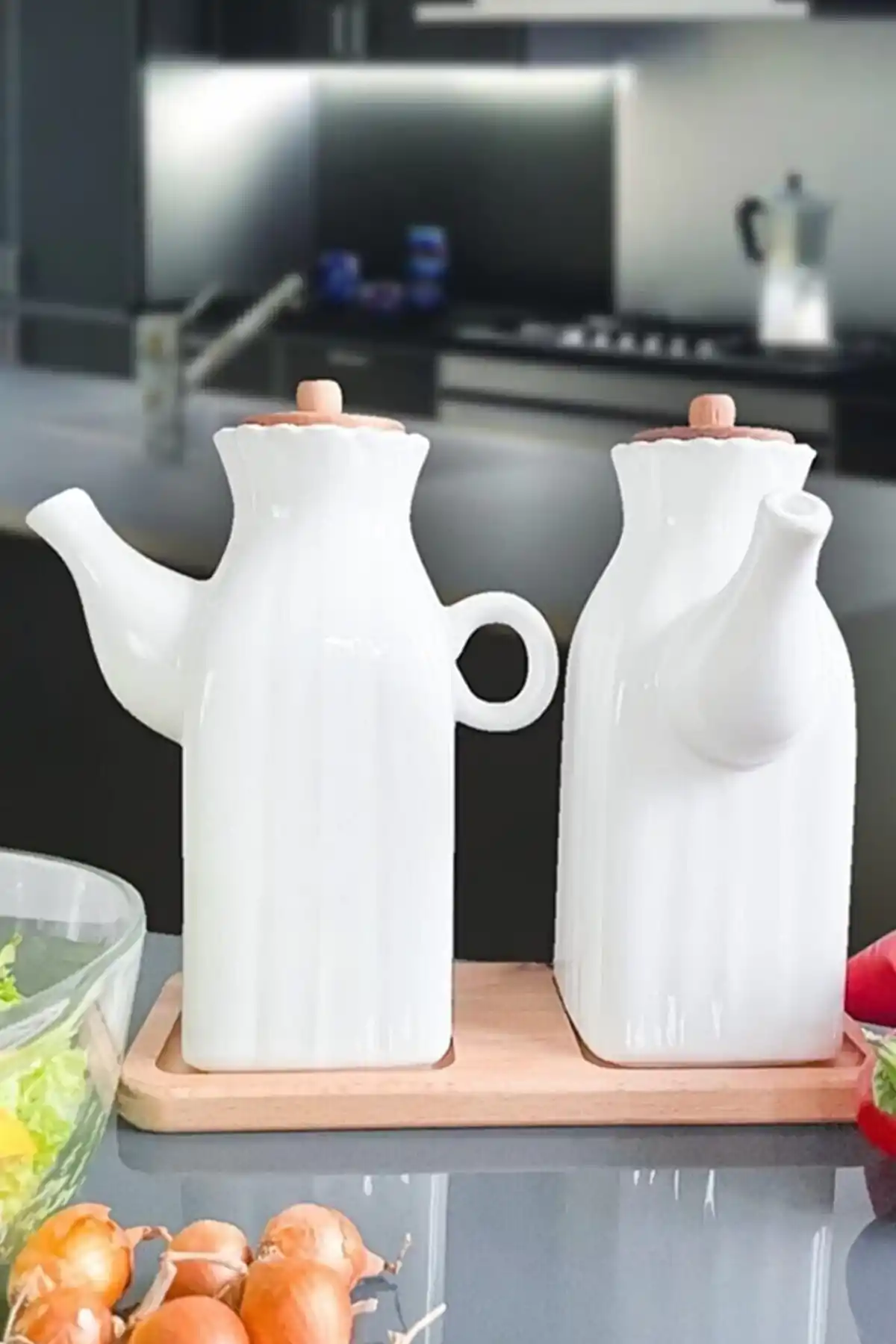 Porselen Yağdanlık Bambu Kapaklı Vakumlu Beyaz Zeytinyağı Ayçiçek Yağlık Sosluk Sirkelik 1000 ml.