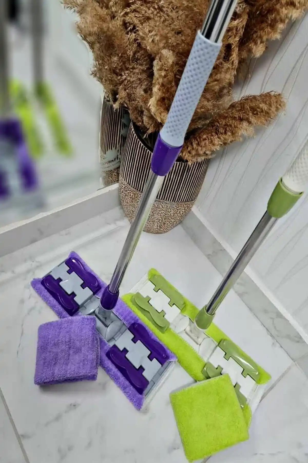 Sihirli Teleskobik Mop Yer Fayans Duvar Yüzey Temizlik Mikrofiber Paspas Yedek Bezli Mandallı Mop