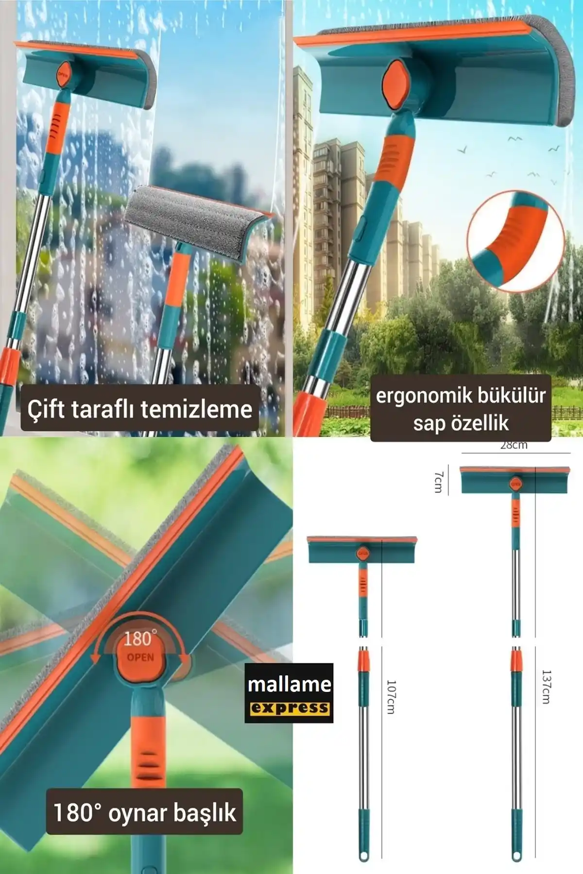 Teleskopik Çift Yönlü Pratik Cam Silme Aparatı 180 Derece Döner Pencere Cam Temizleyici Çekpas
