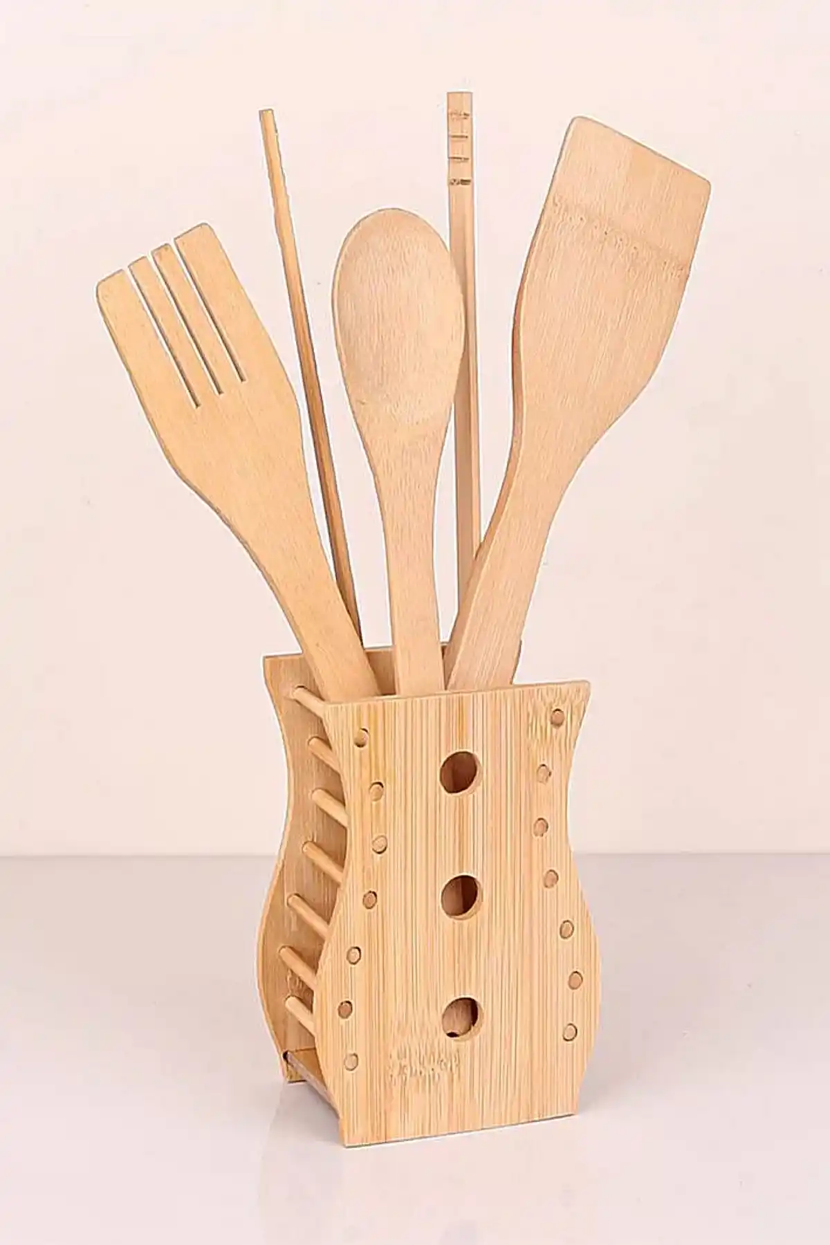 Bambu Ahşap 5 Parça Servis Seti Spatula Çatal Kaşık Maşa Kaşıklık Seti