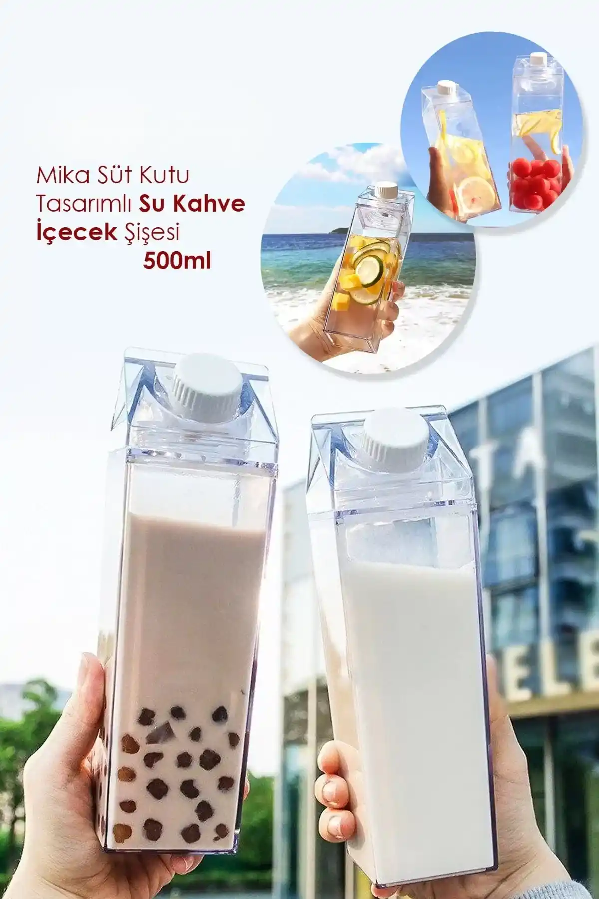2li Lüx Mika Süt Kutusu Kapaklı Su Kahve İçecek Şişesi Şeffaf Gıda Sınıfı Kahve Sunum Bardağı 500ml