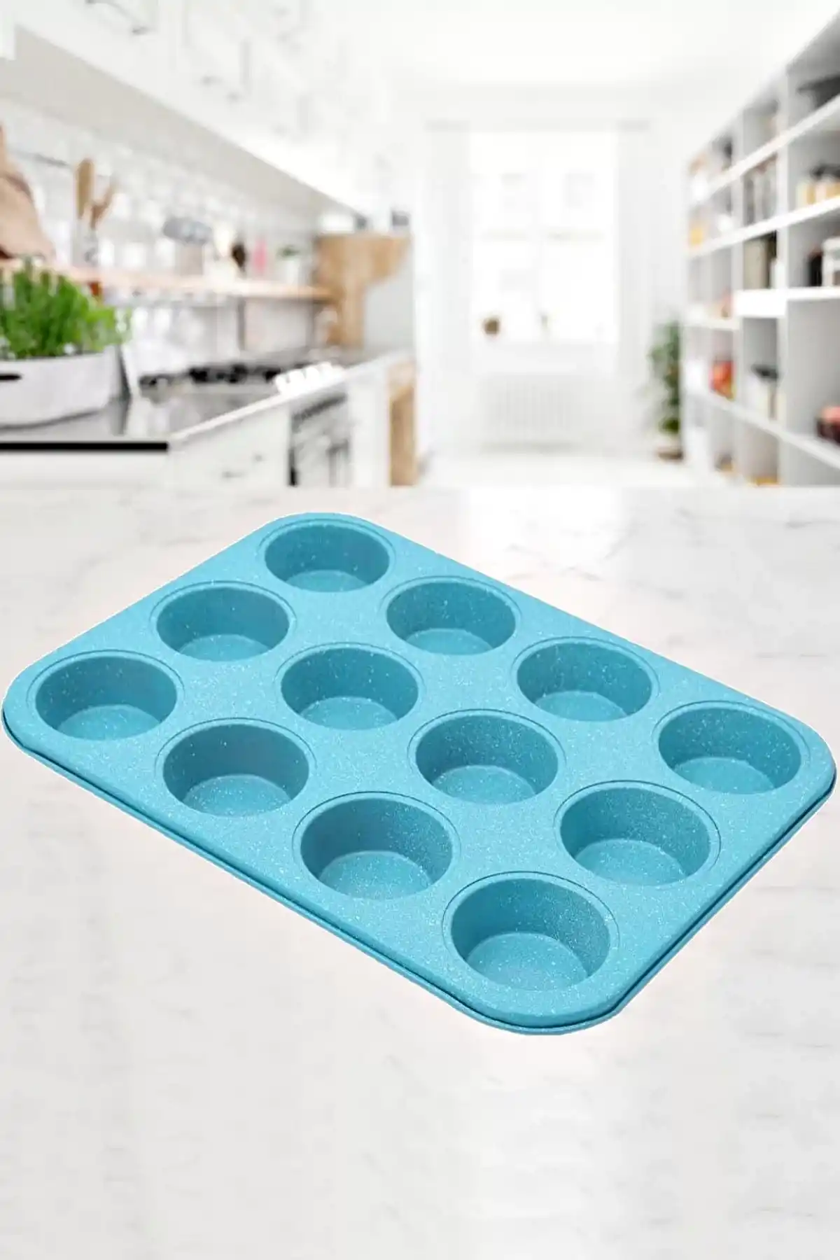 Muffin Kalıbı 12li Kek Kurabiye Cupcake Muffin Kalıbı Fırın Kapsül Tepsisi Granit Kaplama Soft Mavi