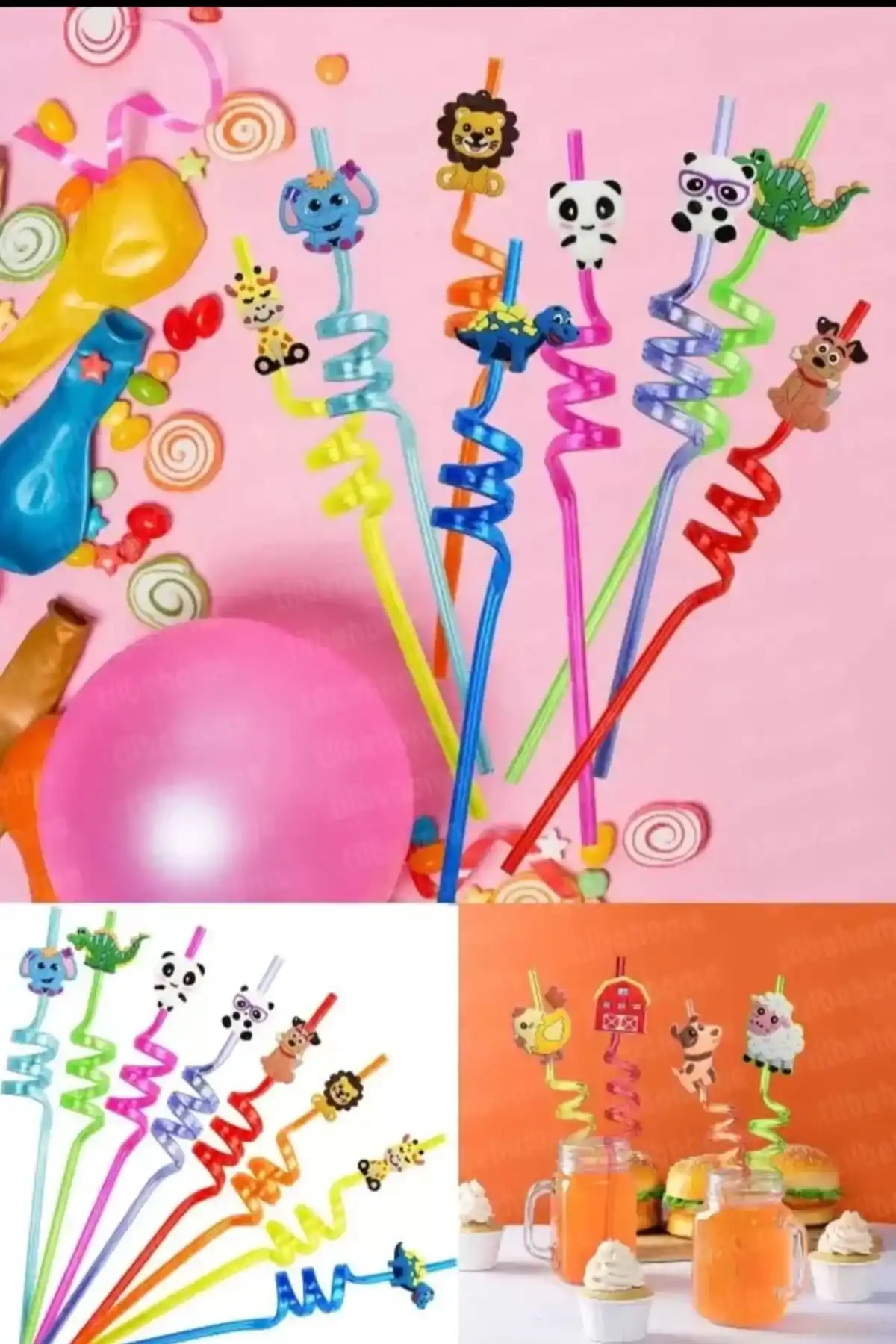 12 Adet Figürlü Pipet Sevimli Hayvan ve Meyve Figürlü Pipet Parti Çocuk Meşrubat Pipeti