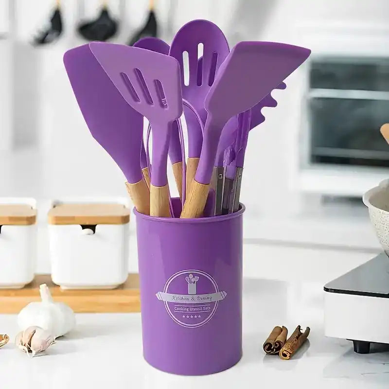 12Parça Silikon Kepçe Kevgir Spatula Kaşık Fırça Çırpıcı Servis Maşa Seti Bambu Mor Mutfak Takımı