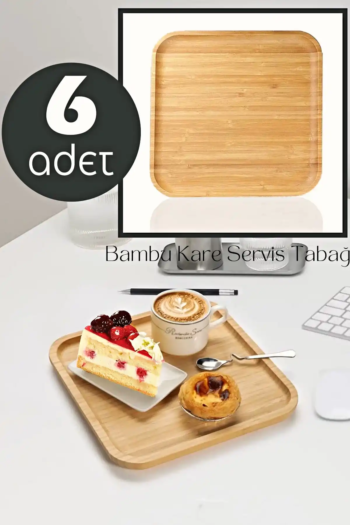 6 Adet Gourmet Kare Bambu Kahvaltı Tabağı Pasta Servis Sunum Tepsi İkramlık Ahşap Tabak 25X25 Seti