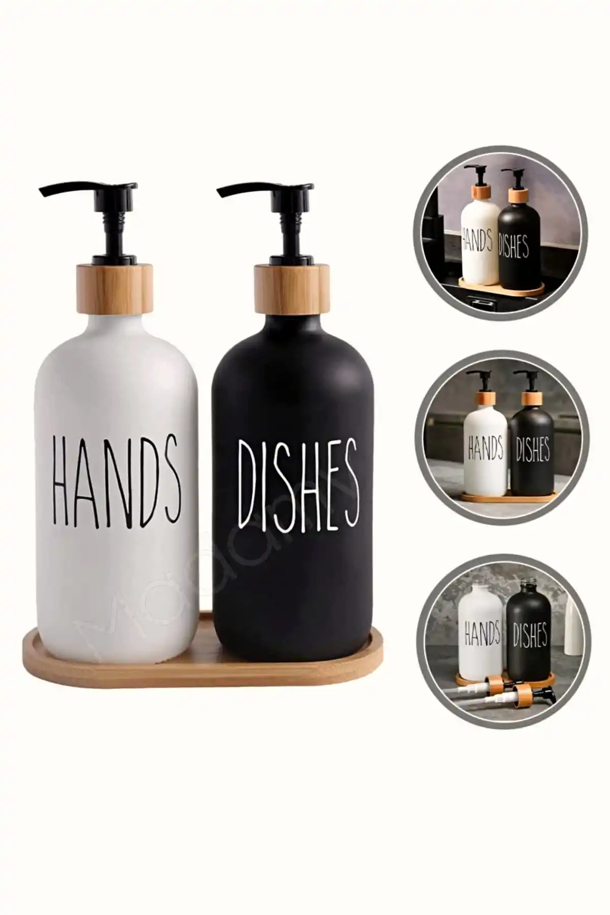 2’li Hands Dishes Siyah Beyaz Dekoratif Mutfak Banyo Sıvı Cam Sabunluk Seti 500ml Bambu Stantlı Set